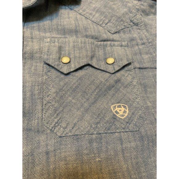 Ariat Mens M Retro Fit Blue Denim Pearl Snap Long Sleeve Shirt Pockets - Picture 2 of 7
